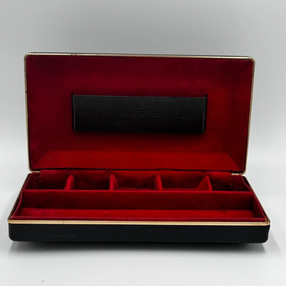 Vintage Black Croc Design‎ Jewelry Box Red Velvet Lining Gold Trim Valet Case
